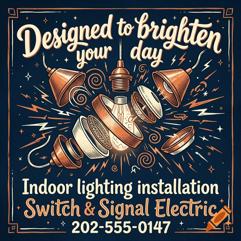 An illustration of an exploded view of an incandescent light bulb and fixtures with lettering reading Designed to brighten your day.