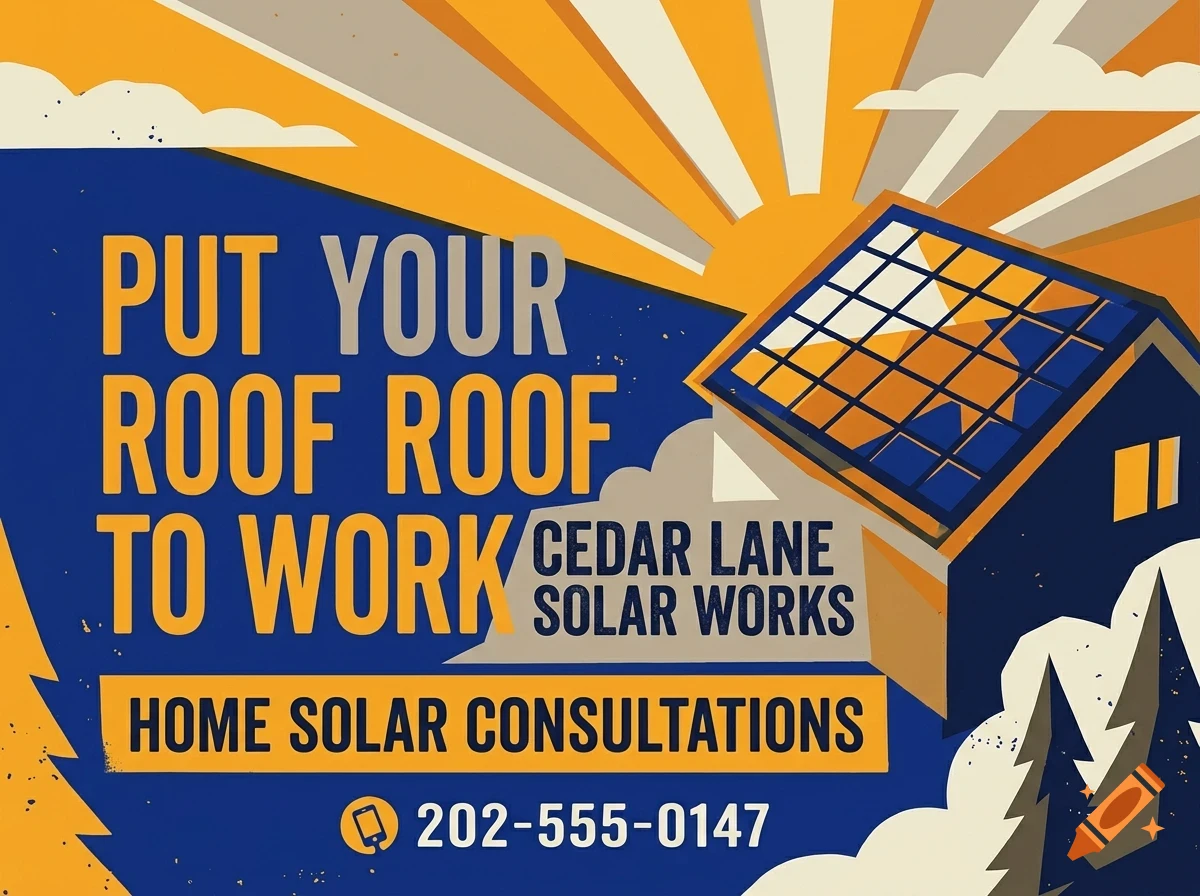 Vintage style poster advertising solar energy with a house, solar panels, sunrays, and text reading 'PUT YOUR ROOF TO WORK'.