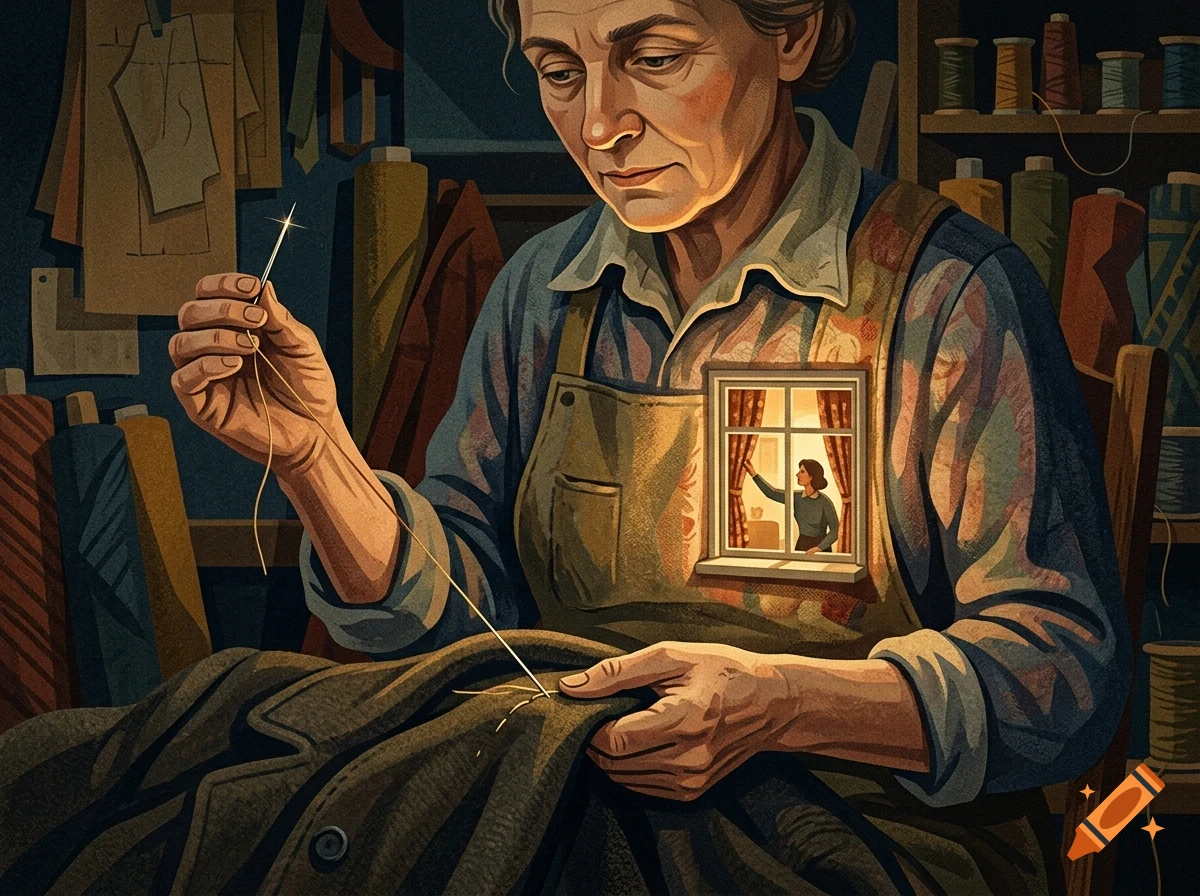 An elderly tailor sews a garment with a glowing needle, and a small illuminated window opens on her chest showing another person inside.