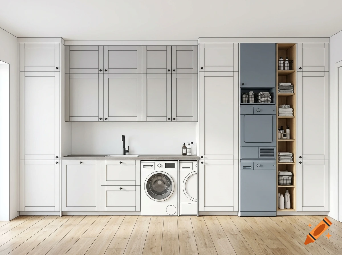 Architectural rendering of a modern laundry room with white and gray cabinets, a washing machine, and light oak wood floors.