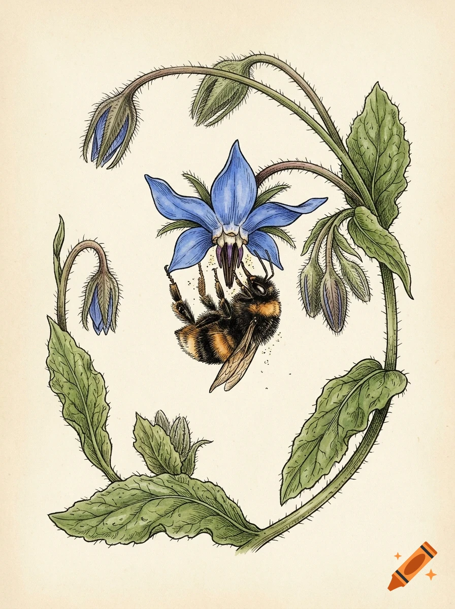 An illustrated scientific drawing of a fuzzy bumblebee collecting pollen from a blue star-shaped borage flower surrounded by green leaves and buds.