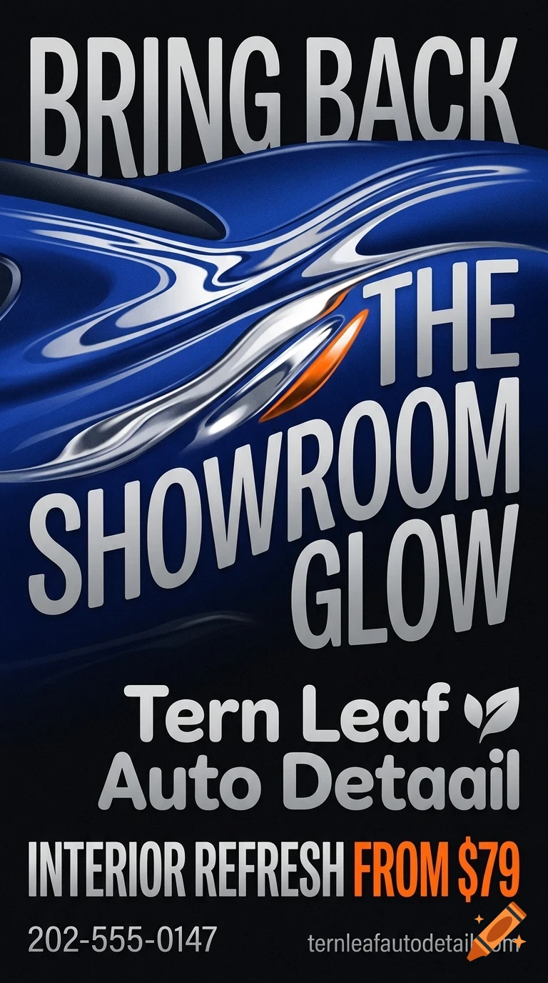 An advertisement for Tern Leaf Auto Detail featuring a close-up of a shiny blue car body and promotional text.