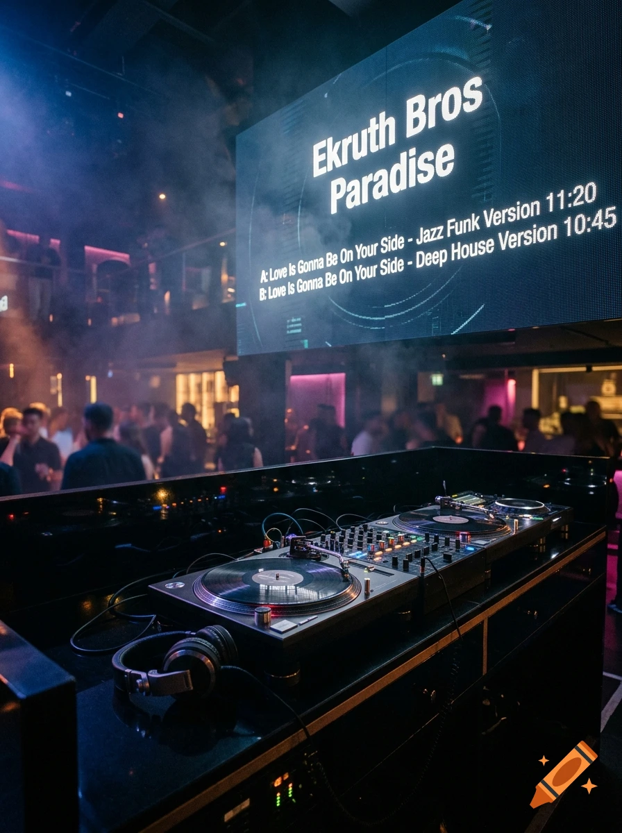 Photorealistic view of a DJ setup in a nightclub with a large screen displaying 'Ekruth Bros Paradise' and track listings.