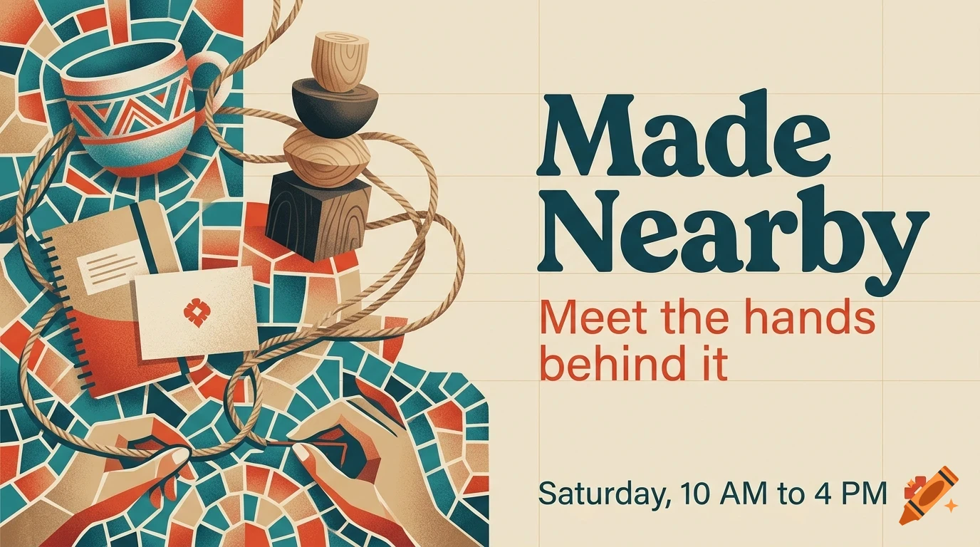 An illustrated poster with the text Made Nearby and Meet the hands behind it, featuring handmade crafts, a mug, a notebook, and wooden blocks.