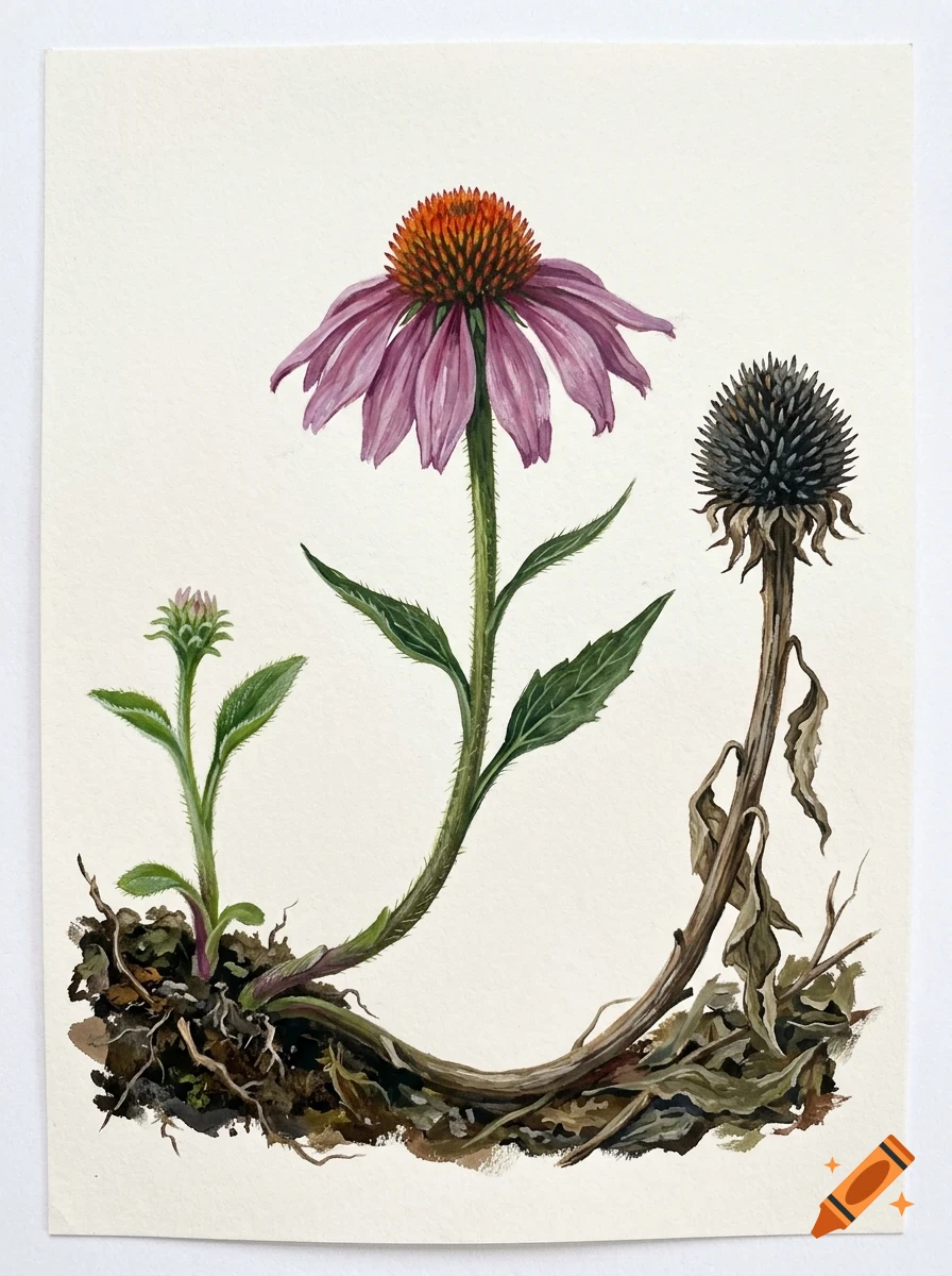 A botanical illustration depicting a purple coneflower in various stages of life, from a young bud to full bloom and withered seed head.