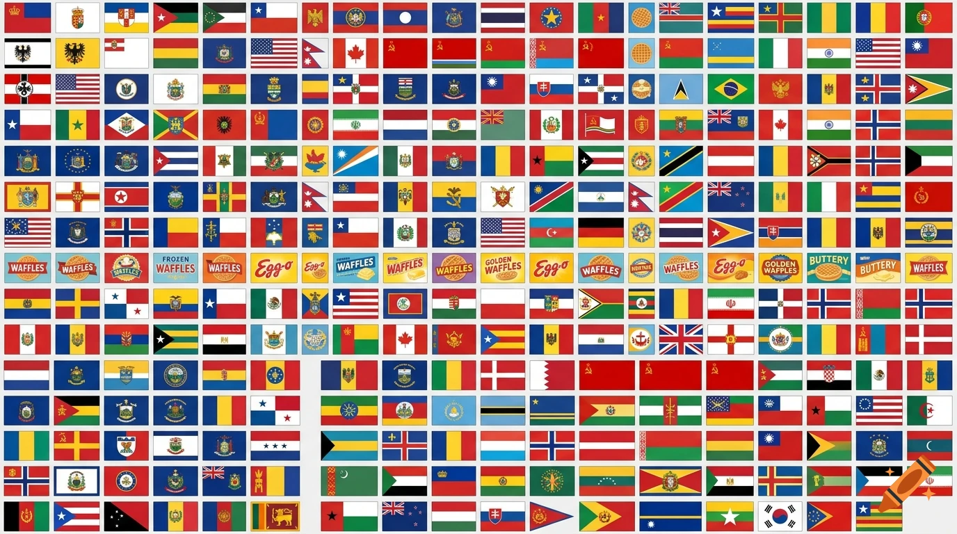 A collage of numerous national, historical, and brand flags including frozen waffles logos.