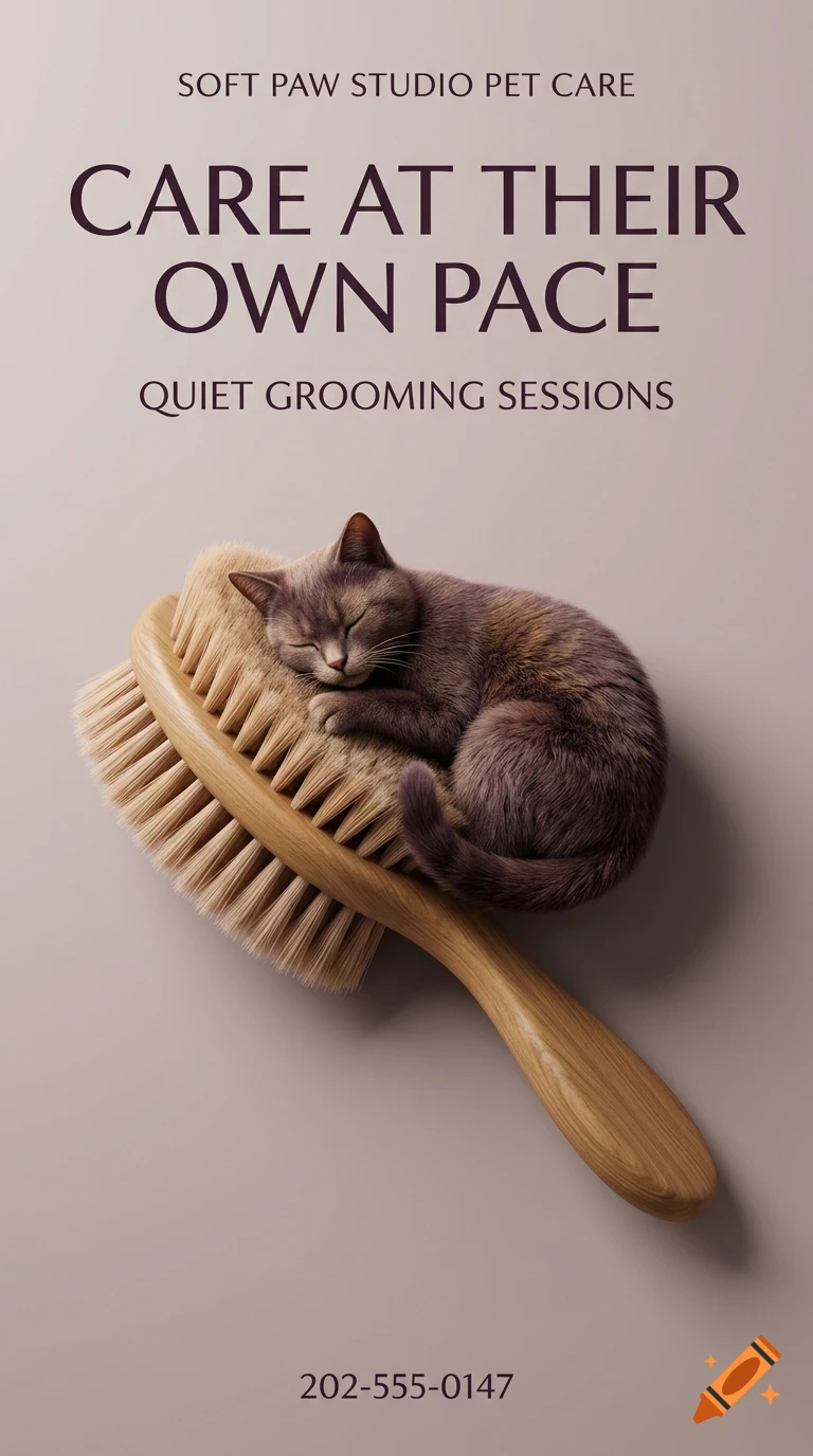 A small cat sleeping on a large wooden brush with text above and below.