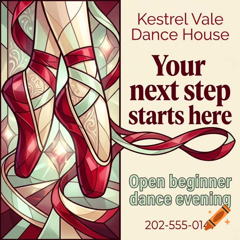 An illustration of ballet pointe shoes with ribbons, accompanied by text advertising Kestrel Vale Dance House.