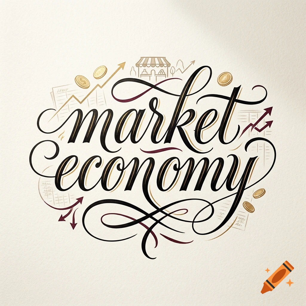 Elegant black and gold calligraphy reading market economy on textured cream paper with financial motifs.