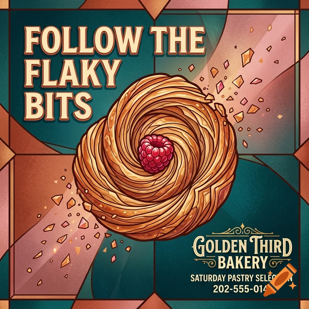 An illustrated pastry with a raspberry on top, surrounded by flaky bits, set against a geometric, stained-glass-style background with text reading "FOLLOW THE FLAKY BITS" and "GOLDEN THIRD BAKERY".