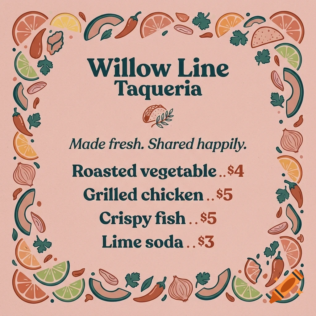 A menu for Willow Line Taqueria featuring text and a decorative border of food ingredients like limes, avocados, and chilies.