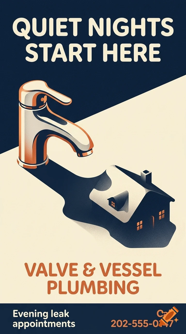 An illustration of a faucet casting a shadow shaped like a house, with the text QUIET NIGHTS START HERE and VALVE & VESSEL PLUMBING.