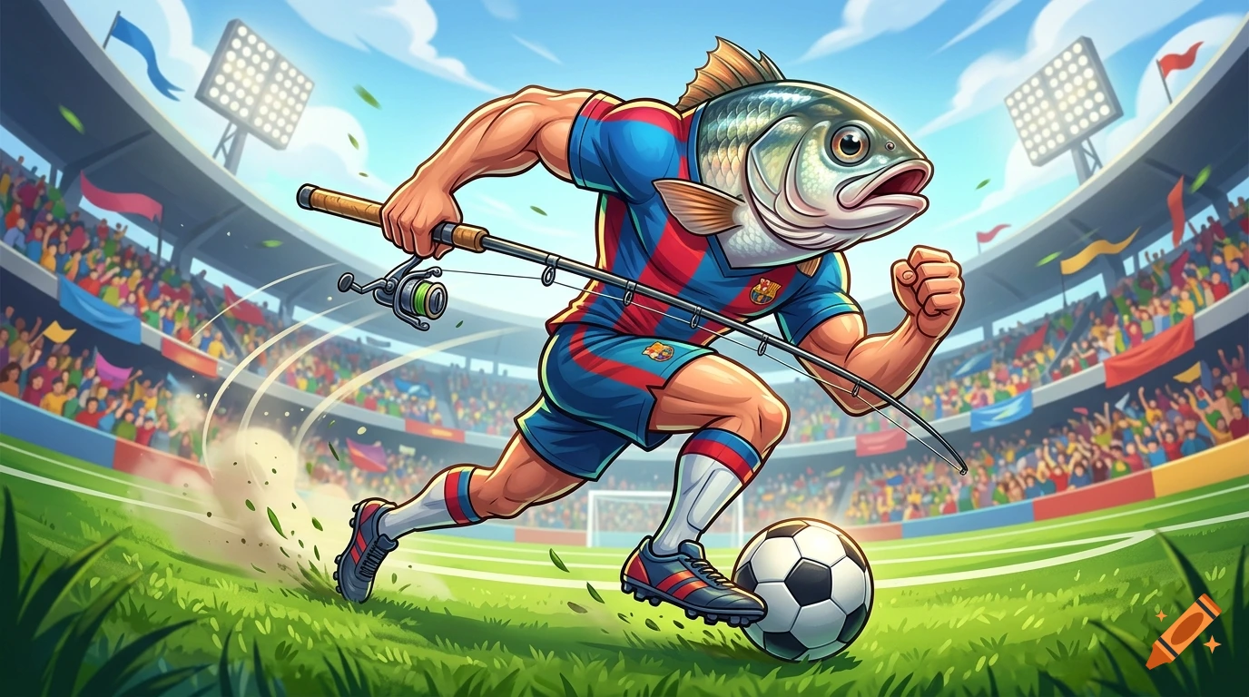 Cartoon illustration of a muscular soccer player with a fish head, running across a stadium pitch while holding a fishing rod and dribbling a soccer ball.