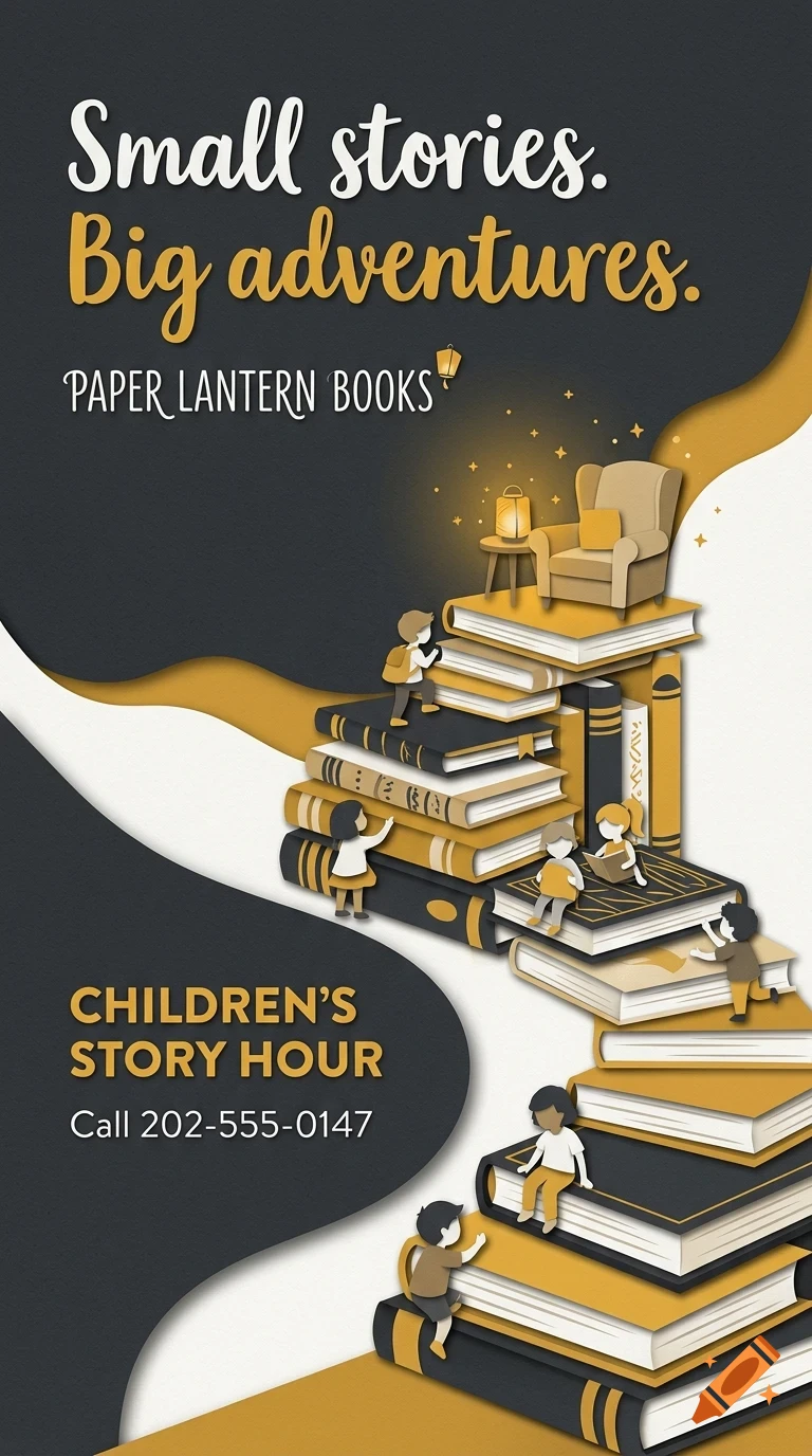 An illustration of a stack of books with children climbing them, featuring an armchair and lamp at the top and text reading Small stories. Big adventures.