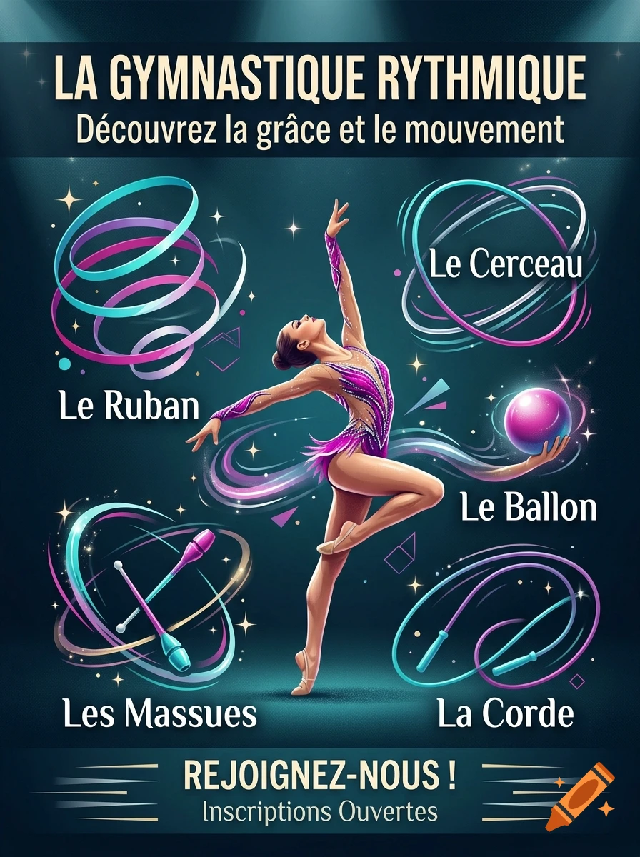 A poster for rhythmic gymnastics featuring a female gymnast posing gracefully amid various apparatuses and French text.