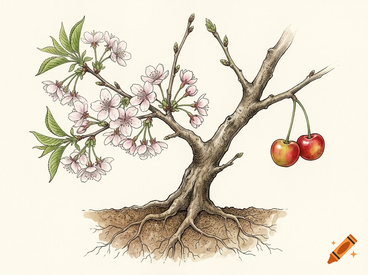 An illustrated botanical diagram of a small cherry tree showing roots, flowering branches on one side, and two ripe cherries on the other.