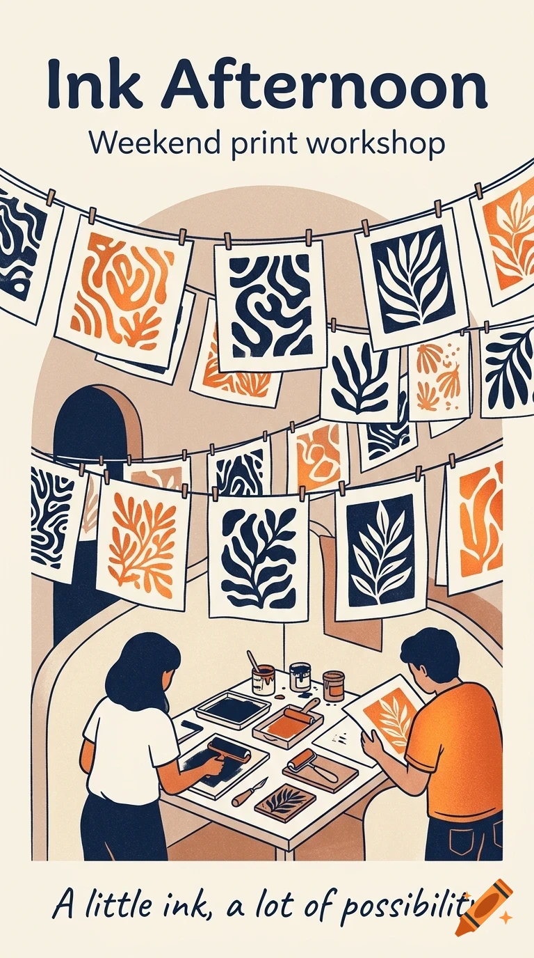 Illustration of two people working on printmaking at a table with ink and rollers, while prints hang on clotheslines above, with text reading "Ink Afternoon".
