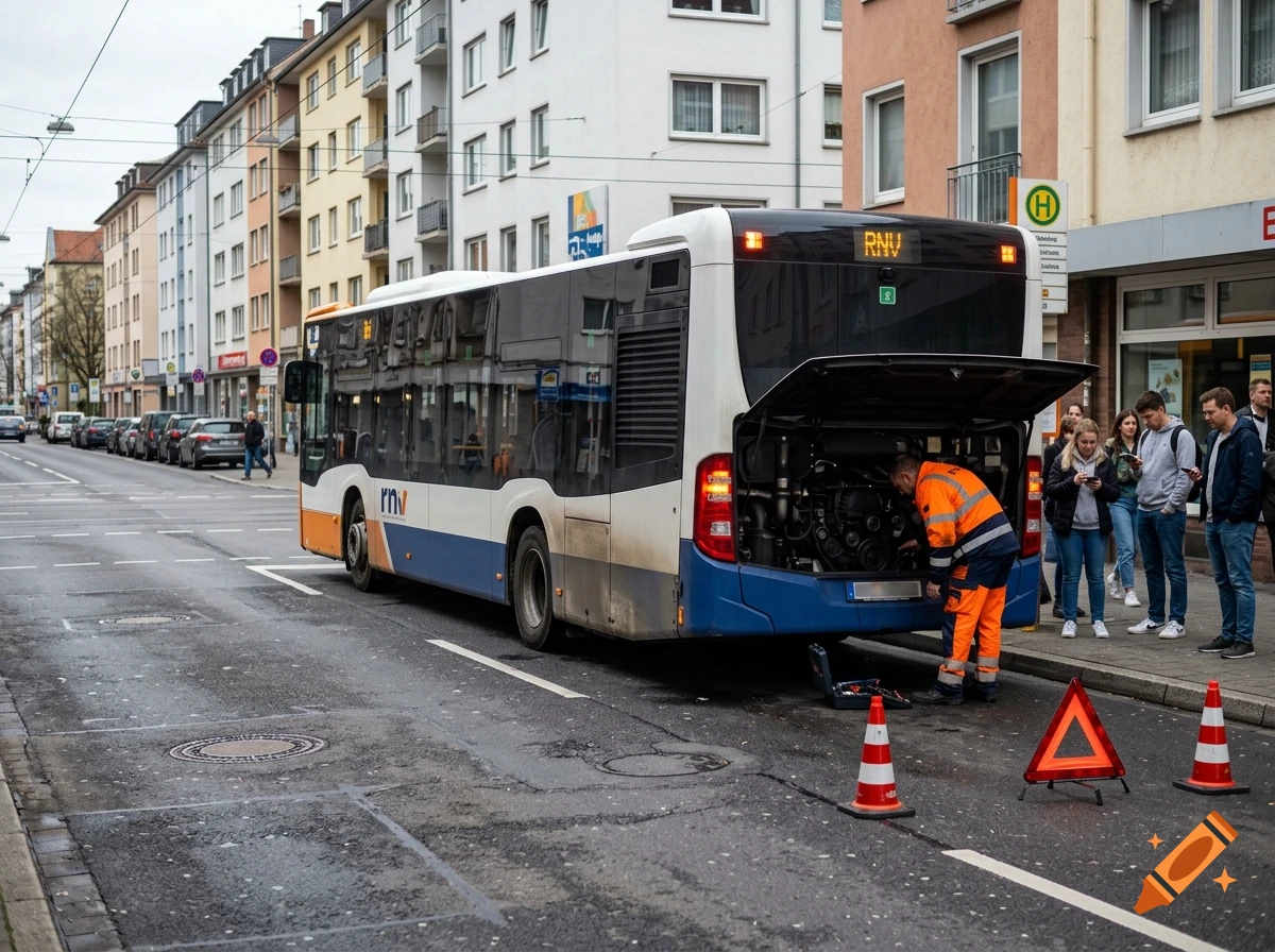 A photorealistic street scene showing a broken-down city bus with its rear engine compartment open, a mechanic in high-visibility gear working on it, and warning cones placed on the road.