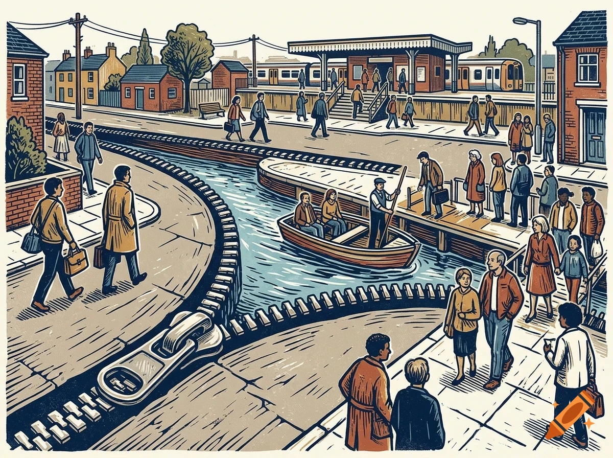 An illustrated surreal scene where a giant zipper opens up a canal and a street with people walking and a boat.