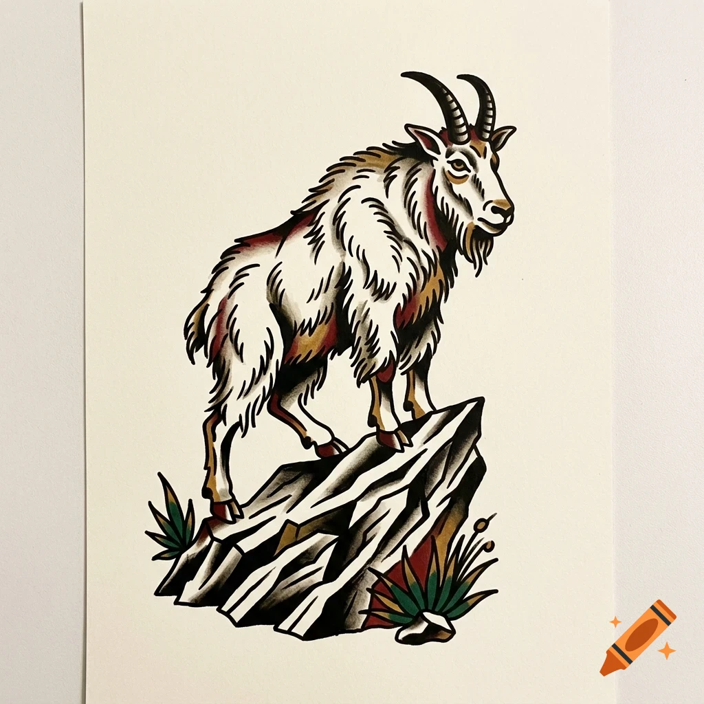 An illustrated traditional tattoo flash of a goat standing on a rocky outcrop.