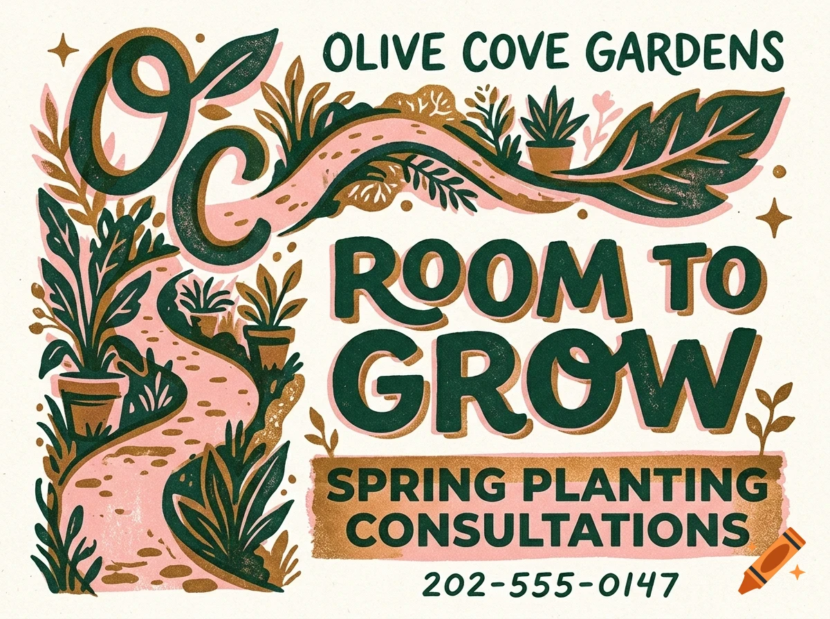 An illustrated poster design featuring green foliage, potted plants, and lettering that reads 'Olive Cove Gardens' and 'Room to grow'.