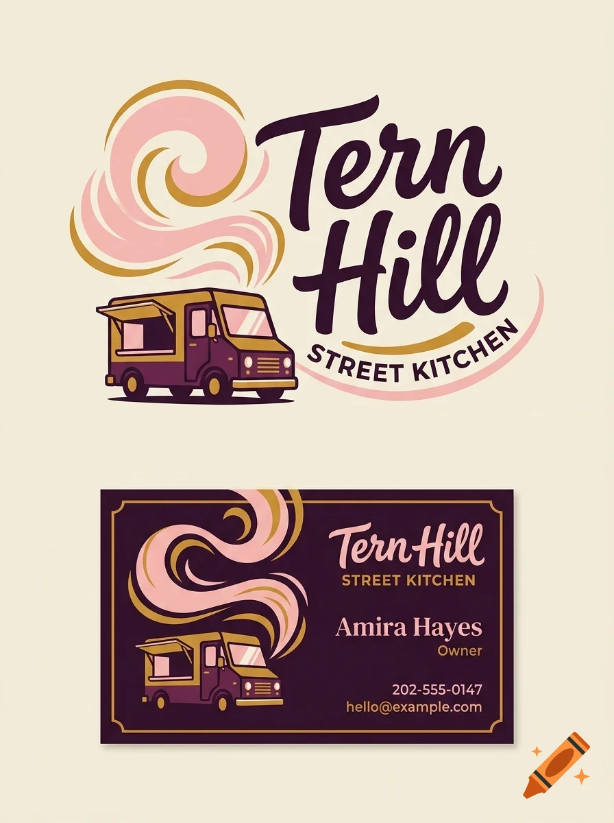 A logo and business card design for Tern Hill Street Kitchen featuring a food truck graphic, swirling smoke, and typography.