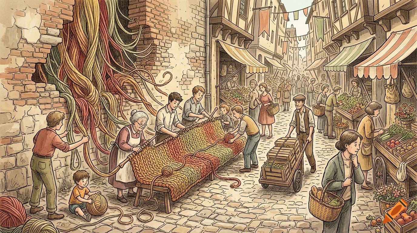 An illustrated street scene where people are knitting with giant strands of yarn coming from a hole in a brick wall.