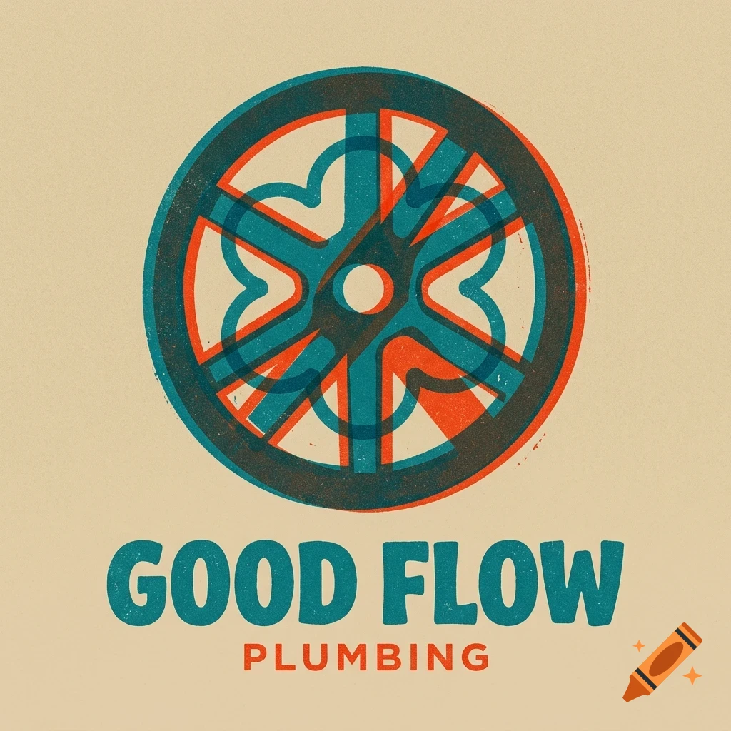 A vintage-style logo featuring a stylized circular wheel design in overlapping red and teal tones above the text GOOD FLOW PLUMBING.
