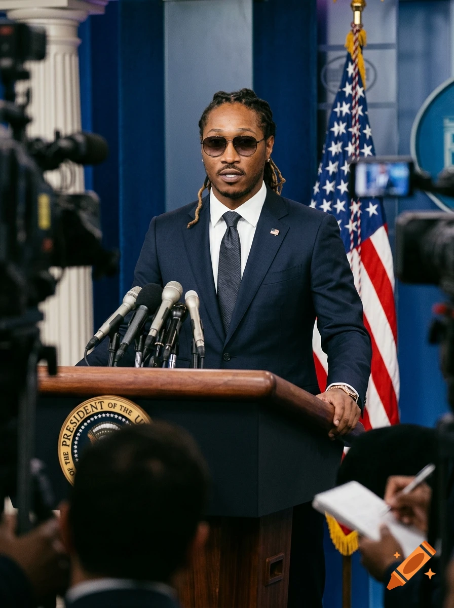 Photorealistic image of rapper Future standing at a podium in a press conference with an American flag.