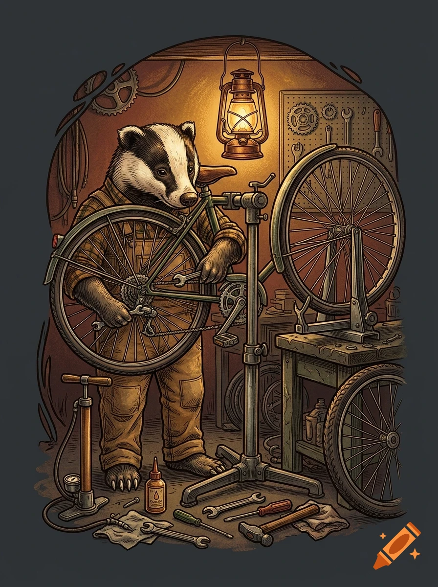 An anthropomorphic badger wearing overalls repairs a bicycle inside a cozy, dimly lit workshop with tools and a hanging lantern.