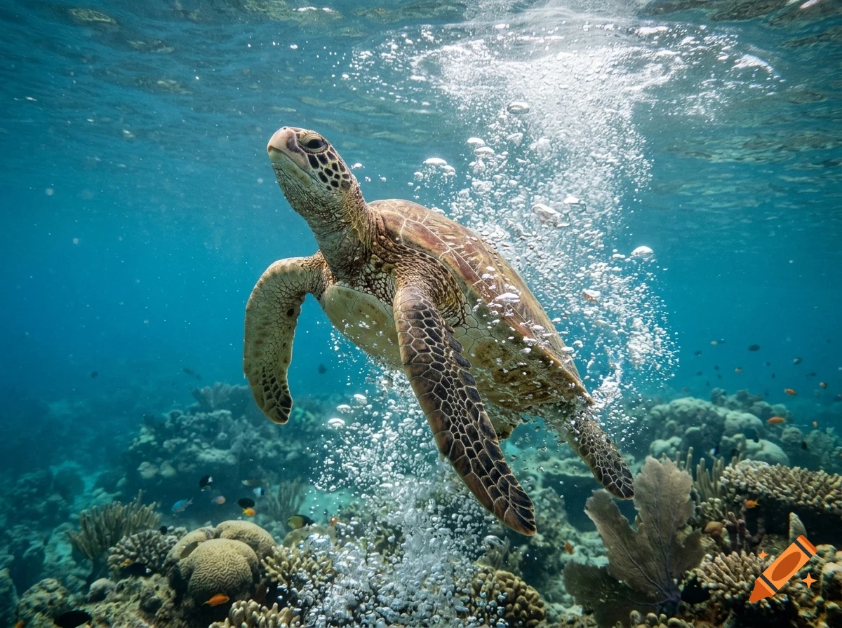A sea turtle swimming underwater near a coral reef with rising bubbles.