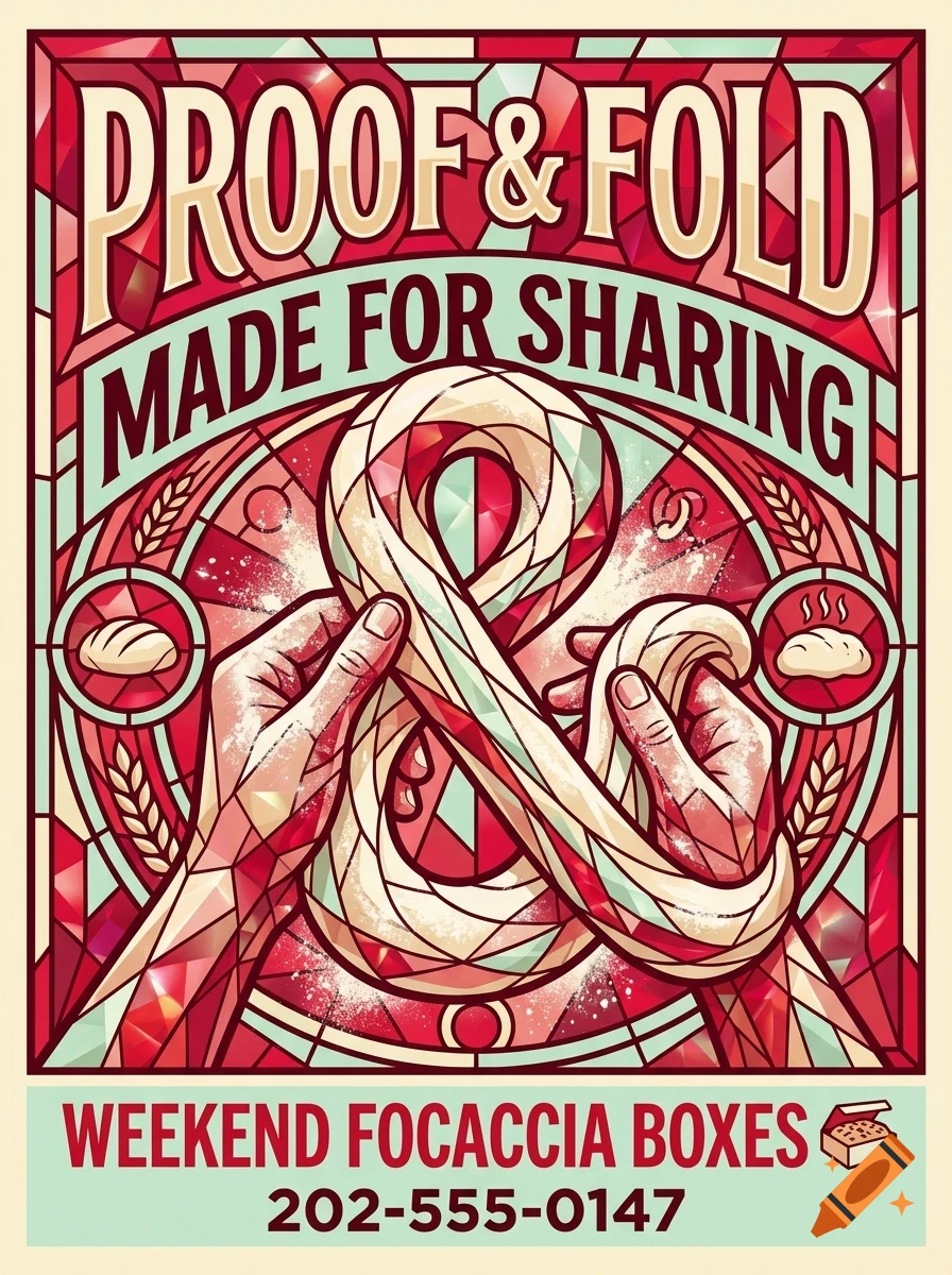 An illustrated poster for Proof & Fold Bakery featuring hands shaping dough into an ampersand, with stained glass style background.
