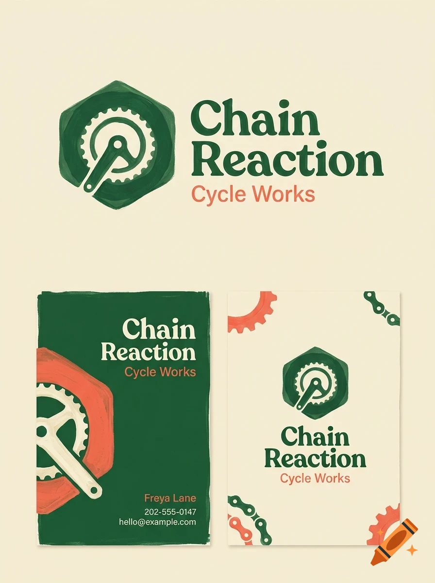Branding design concept for Chain Reaction Cycle Works featuring bicycle gear logos and business card layouts in green, red, and cream.