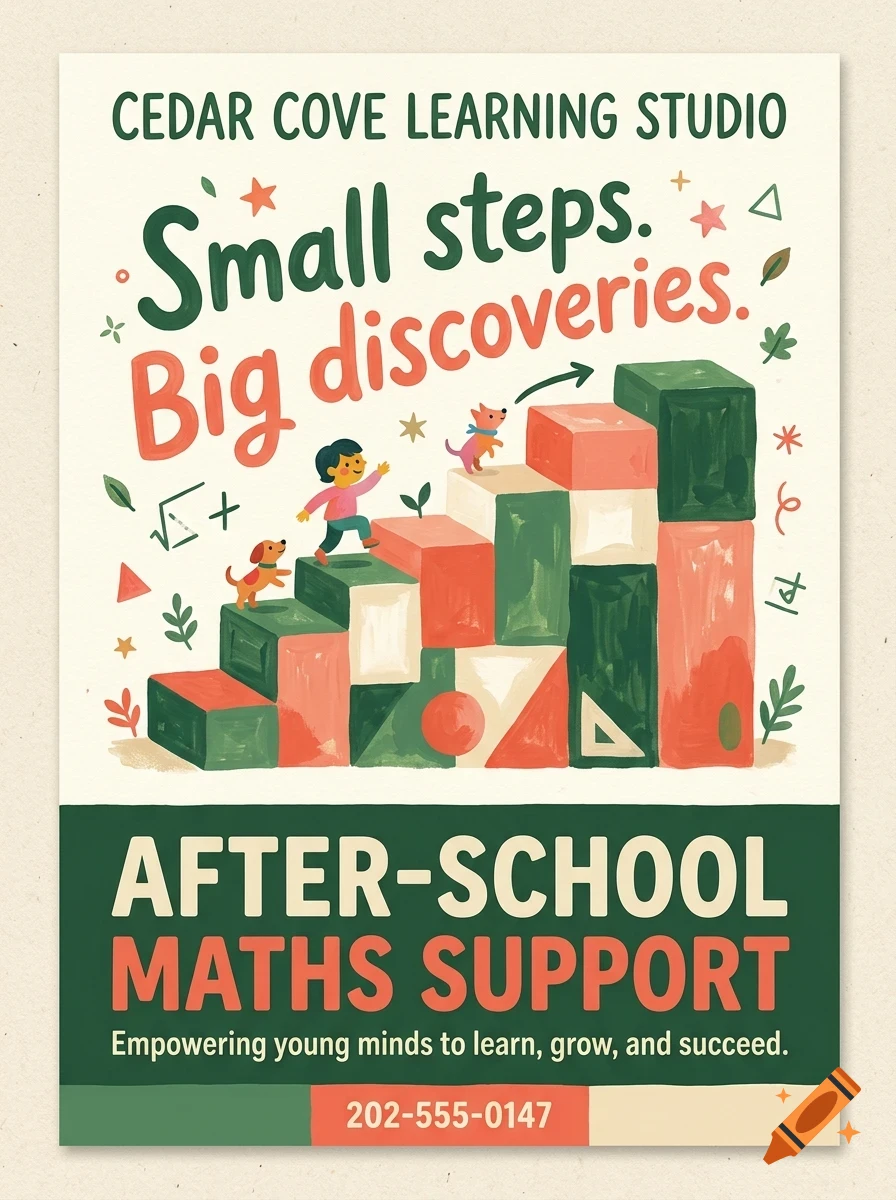 An educational poster for Cedar Cove Learning Studio featuring a child and pets climbing stacked colorful blocks, with math symbols and text.