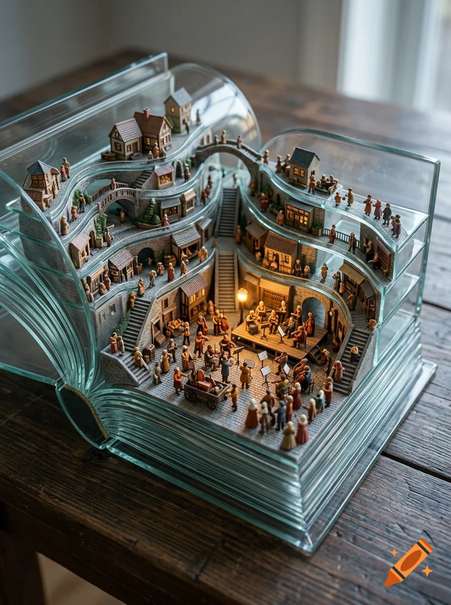 An intricate miniature village and orchestra built inside a hollowed-out glass book.