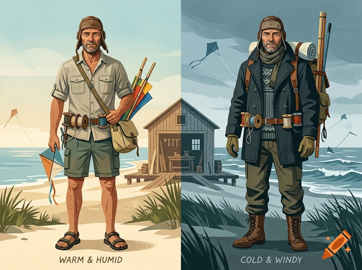 Comparison illustration of a man dressed for warm and humid weather versus cold and windy weather near a coastal landscape.