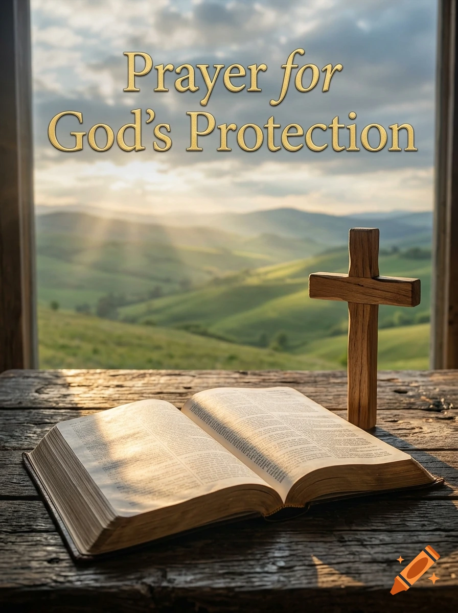 An open bible and a wooden cross on a wooden table in front of a window overlooking green hills, with the text 'Prayer for God's Protection'.