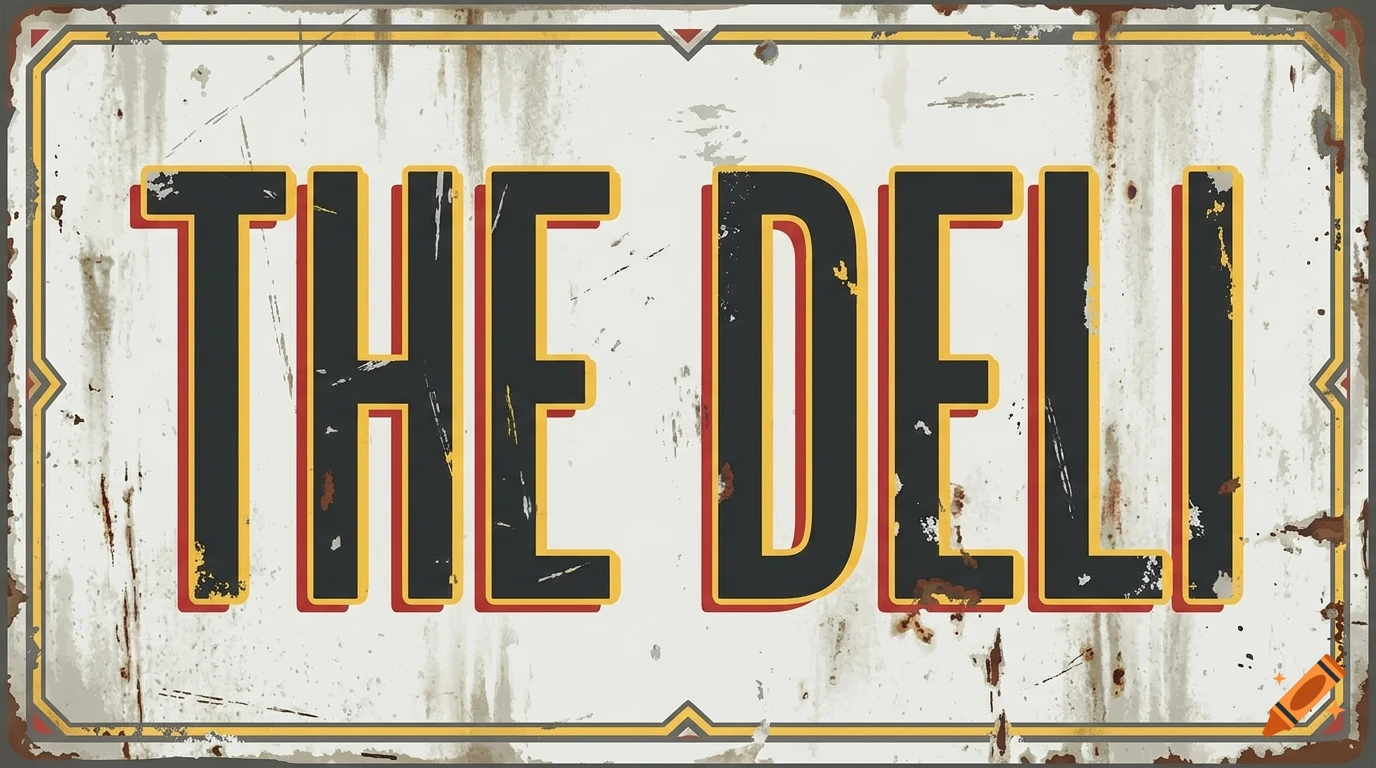 A worn, weathered urban deli sign with the text THE DELI in bold block letters on a distressed surface.