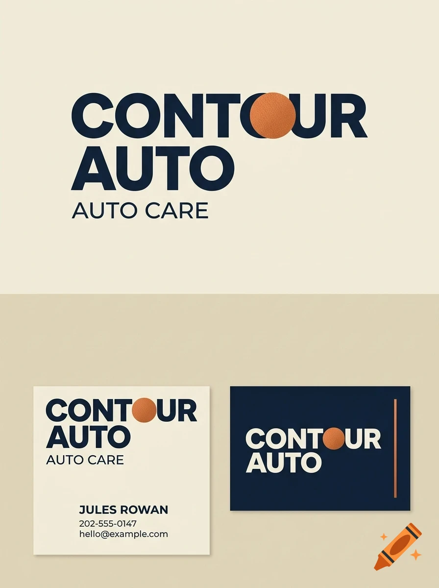 Branding design for Contour Auto with business cards displaying the logo, name Jules Rowan, phone number, and email address.