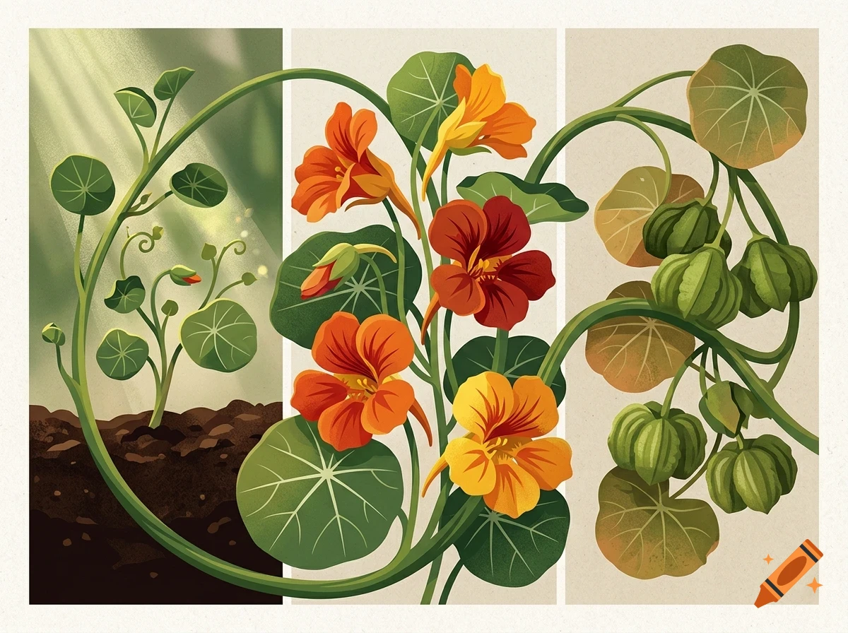 An illustrative three-panel botanical progression of nasturtium flowers showing a young sprout, blooming flowers, and seed pods.