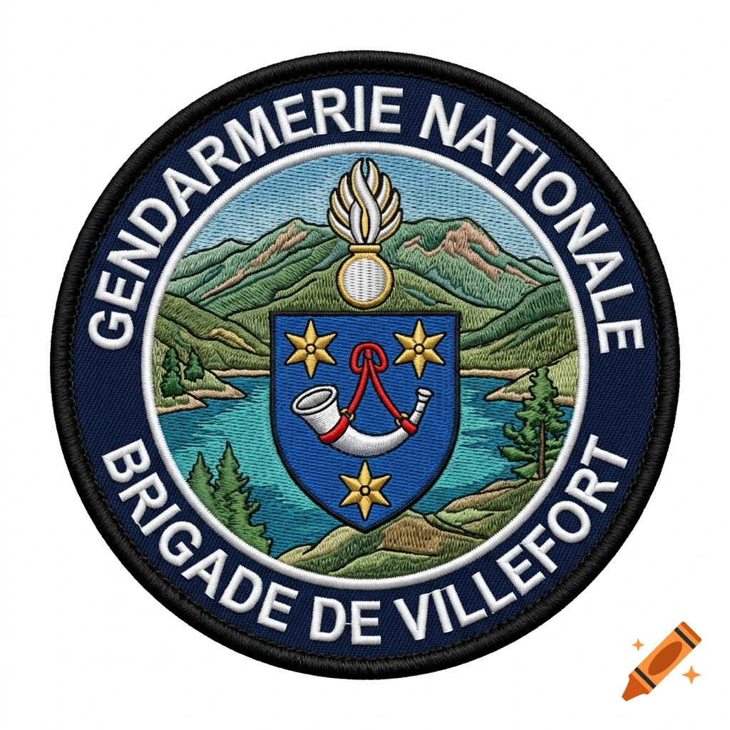 Embroidered circular military patch featuring the French Gendarmerie insignia, mountain landscape, and coat of arms.