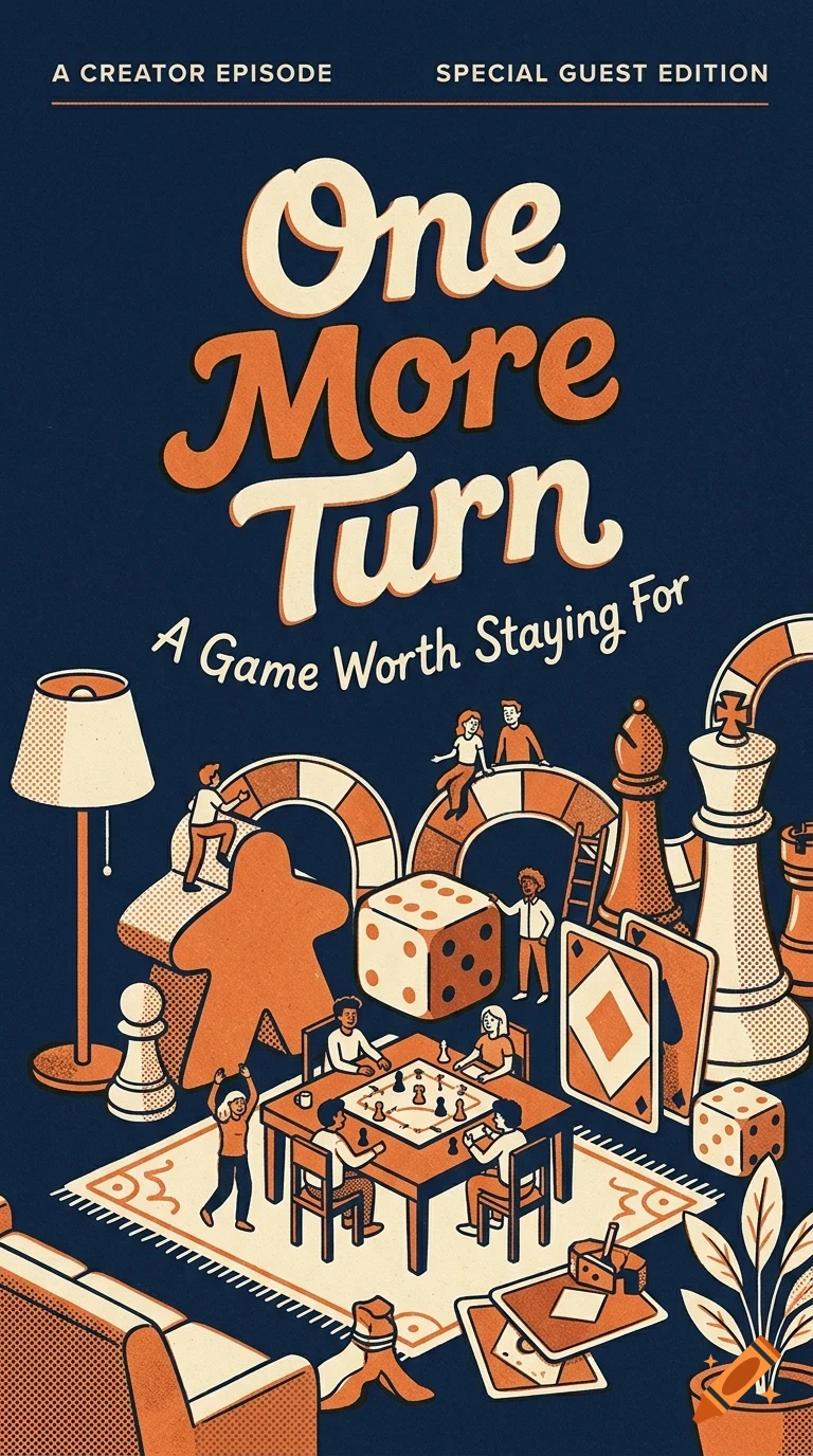 An illustration of people playing various board games with large game pieces and the text One More Turn.