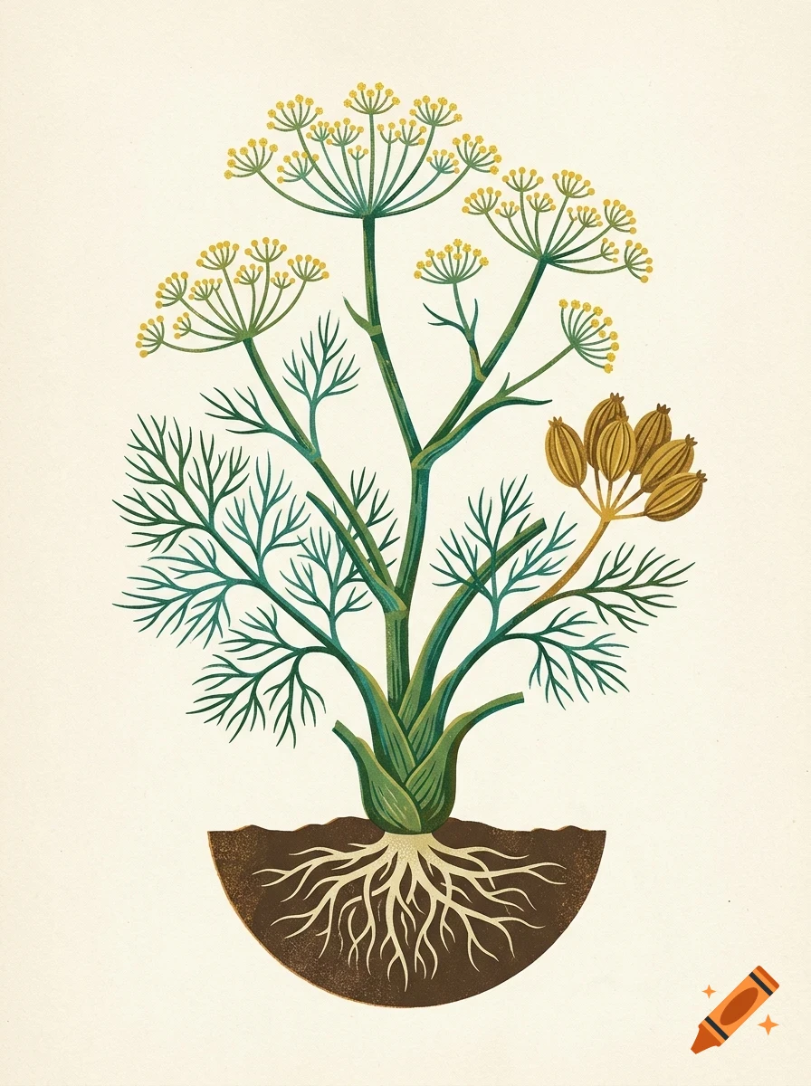 Botanical illustration of a dill plant with green stems, feathery leaves, yellow flower umbels, and a cutaway view of the roots in soil.