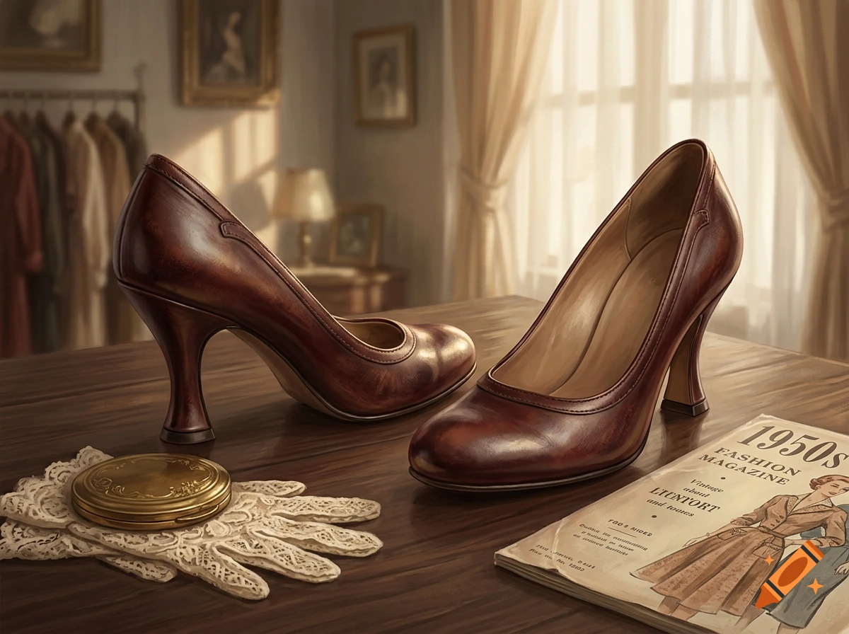 Vintage styled burgundy high-heeled pumps on a wooden table with a lace glove, compact, and a fashion magazine in a room.