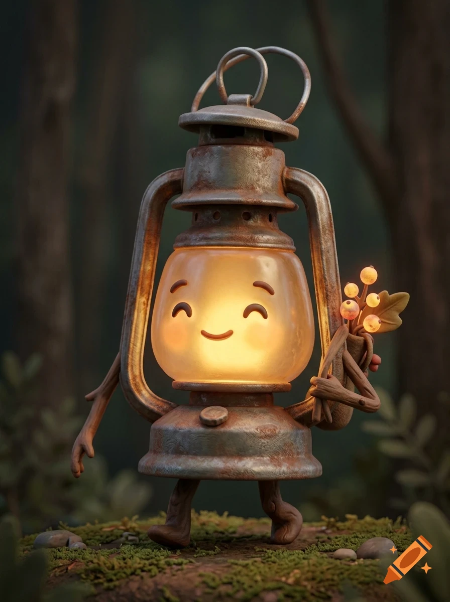 A cute anthropomorphic rusty lantern with a smiling face holds a small bunch of glowing berries in a forest setting.