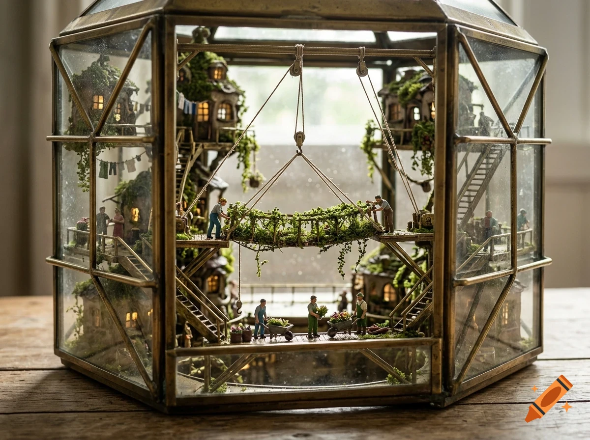 A detailed miniature terrarium in a brass and glass geometric container, featuring tiny treehouses, walkways, and miniature figures working.