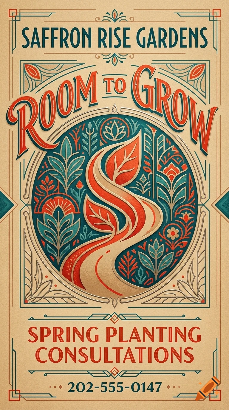 A vintage-style poster for Saffron Rise Gardens featuring decorative typography reading 'ROOM TO GROW' and 'SPRING PLANTING CONSULTATIONS', framed by ornate botanical illustrations in teal and orange.