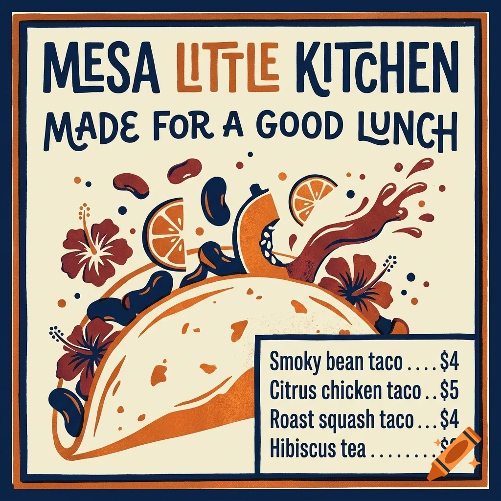 A stylized poster for Mesa Little Kitchen featuring a taco, ingredients, and menu text.