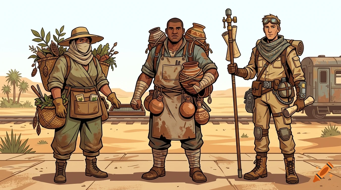 An illustration of three diverse adventurers standing in a desert landscape near railroad tracks.