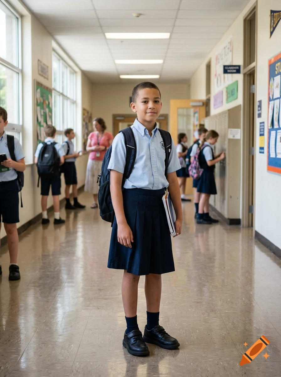 A school boy wearing a blue button-down shirt, a dark pleated skirt, and a backpack standing in a school hallway, photorealistic.